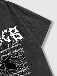 ROMWE MEN Goth Men's Slogan Printed Drop Shoulder Short Sleeve T-shirt - Black - View 4