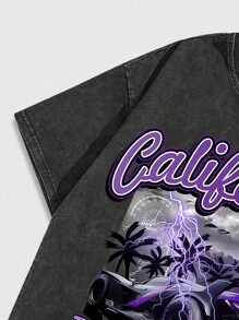 ROMWE MEN Street Life Men's Letter & Racing Car Printed Round Neck Short Sleeve T-shirt - Black - View 5