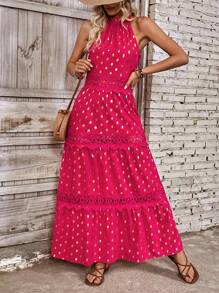 Chiquease Women'S Sleeveless Polka Dot Gold Thread Detail Halter Neck Dress - Red - View 3