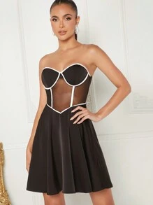 Hauture Women Contrast Corset Flare Dress - Black - View 1