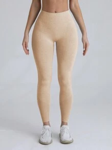 Yoga Basic 瑜伽打底褲無縫高彈力收復運動緊身褲 - 卡其色 - 查看 3