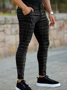 Men Plaid Print Slant Pocket Pants - Black - View 5