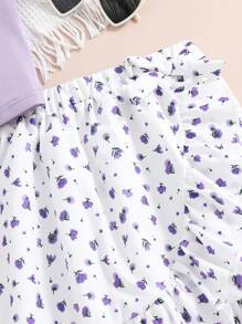 Teen Girls' Solid Color Hollow Out Vest And Printed Ruffle Hem Skirt Set - Purple - View 6