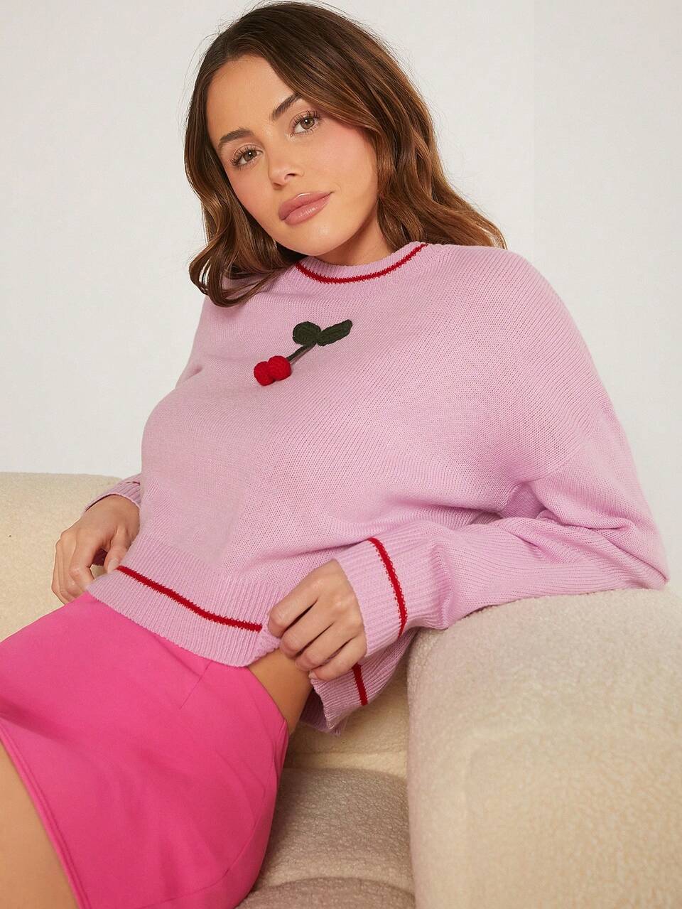 3D Cherry Drop Shoulder Sweater