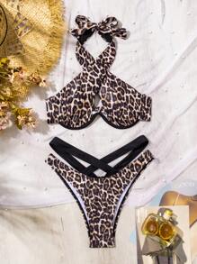 SHEIN Swim 夏季海滩女士豹纹比基尼套装（带钢圈） - 彩色 - 查看 3
