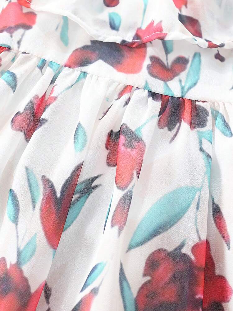 Baby Girl Floral Printed Chiffon Cold Shoulder Dress