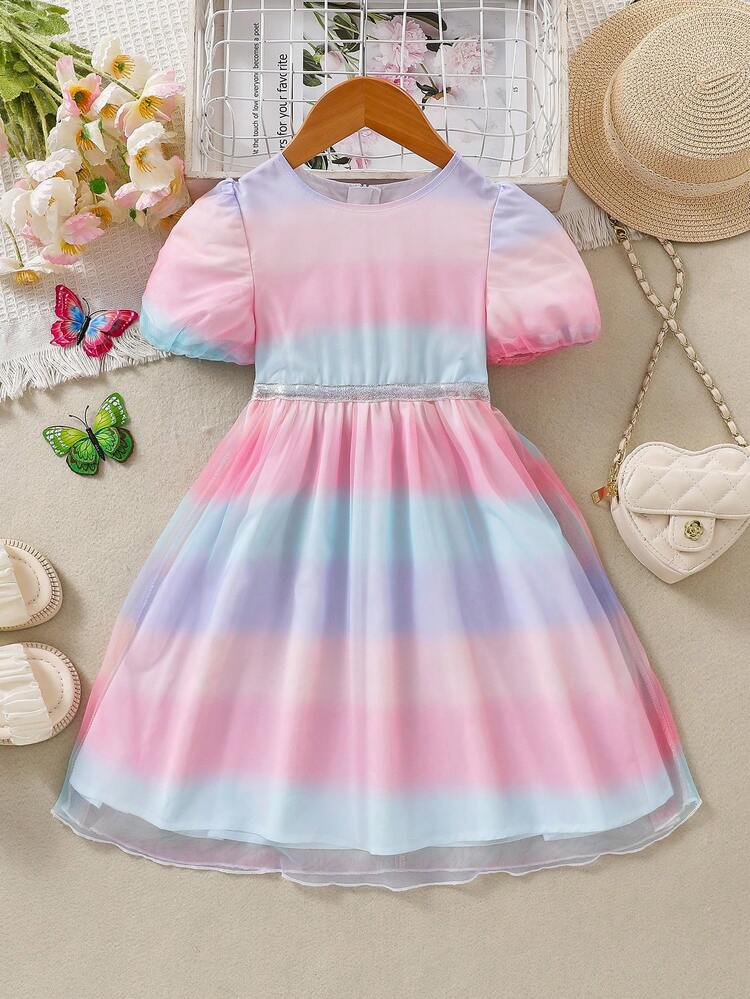 Young Girls' Round Neck Striped Dress