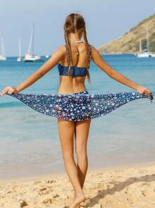 Teen Girls' Floral Print Patchwork Twist Front Bikini Set - Blue - View 2