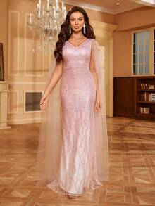 Sequin V-Neck Splice Mesh Sprinkle Dress - Pink - View 7