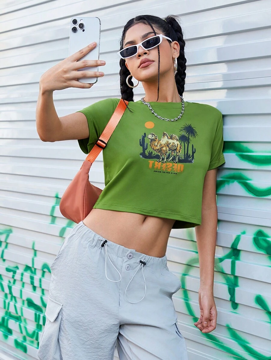SHEIN Sports Camel Letter Printed Cropped Sports T-Shirt
