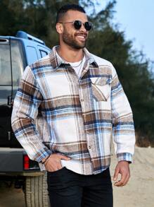 Manfinity Homme 男士加大码格子翻盖口袋衬衫式外套，秋季款 - 彩色 - 查看 4