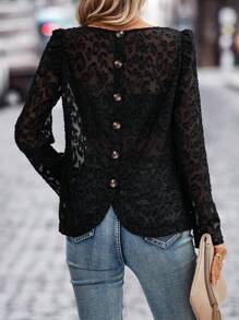 SHEIN LUNE Women's Cutout Puff Sleeve Popover Shirt With Back Button Decor - Black - View 1