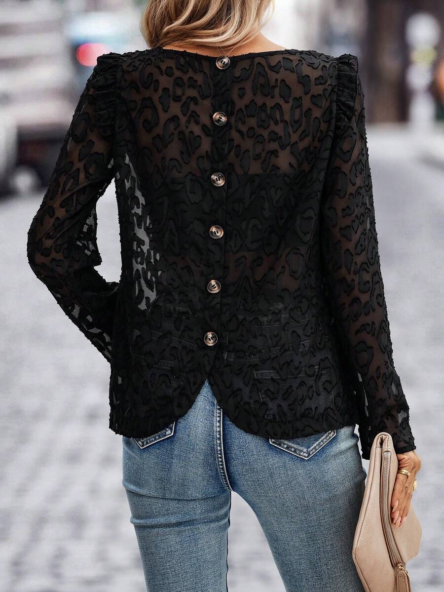 SHEIN LUNE Women's Cutout Puff Sleeve Popover Shirt With Back Button Decor - Black - View 1