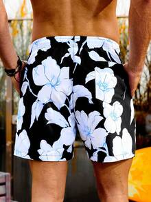 Manfinity 男士花卉印花抽繩海灘短褲 - 黑色 - 查看 2