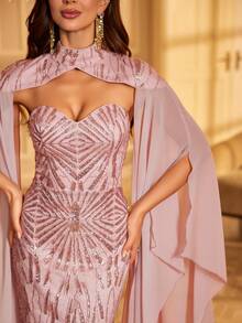 女士亮片蝙蝠袖鸡尾酒会礼服 - 粉色 - 查看 3