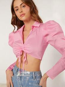 L'Amorae Puff Sleeve Tie Front Lapel Crop Top