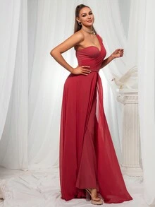 One Shoulder High Waist Women's Party Jumpsuit - Red - View 5