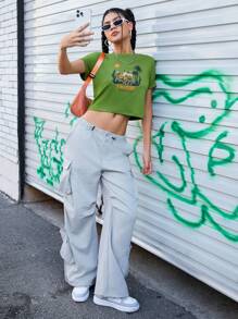 SHEIN Sports Camel Letter Printed Cropped Sports T-Shirt