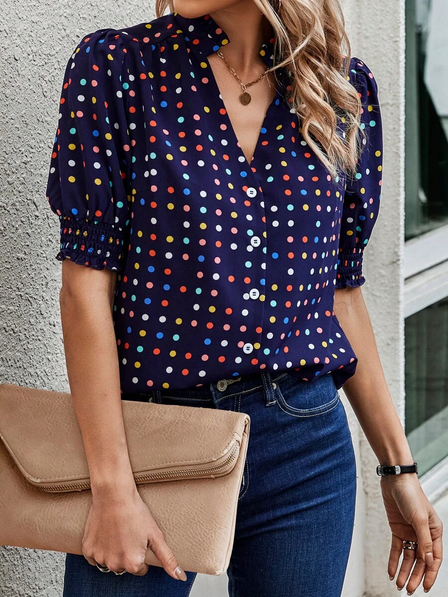 SHEIN LUNE Áo sơ mi nữ viền lá sen Dải chun Nút phía trước Chấm bi Giải trí - Màu xanh hải quân - Xem 1