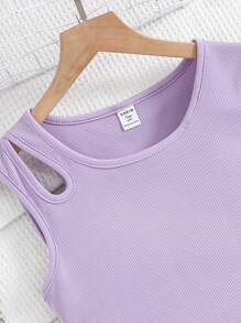 Teen Girls' Solid Color Hollow Out Vest And Printed Ruffle Hem Skirt Set - Purple - View 5