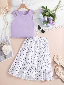 Teen Girls' Solid Color Hollow Out Vest And Printed Ruffle Hem Skirt Set - Purple - View 7