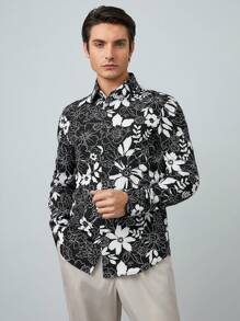 Manfinity VCAY Camicia Uomo A Manica Lunga Tessuto In Tinta Unita Con Stampa Floreale