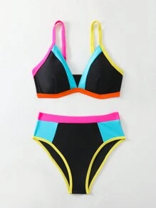 BamGleam Women's Summer Beach Contrast Neon Trim V-Neck Bikini Set - Black - View 4