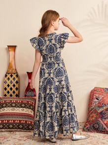 SHEIN 中小學女生的可愛飄逸袖口上衣搭配層疊式緞面花朵印花裙套裝 - 藍色 - 查看 5