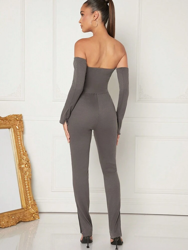 Women's Solid Color Off Shoulder Top And Split Wide Leg Pants 2-Piece Set