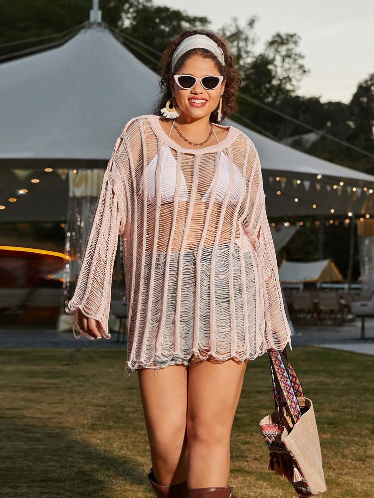 Plus Size Women's Hollow Out Long Sleeve Pullover Sweater Knit Pullover Fall Winter