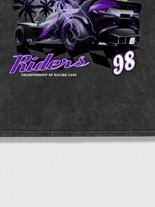 ROMWE MEN Street Life Men's Letter & Racing Car Printed Round Neck Short Sleeve T-shirt - Black - View 3