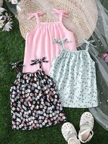 SHEIN 3pcs/Set Young Girls' Knitted Solid Color Cami Top And Knitted Floral Print Cami Top Set, School, Campus, College