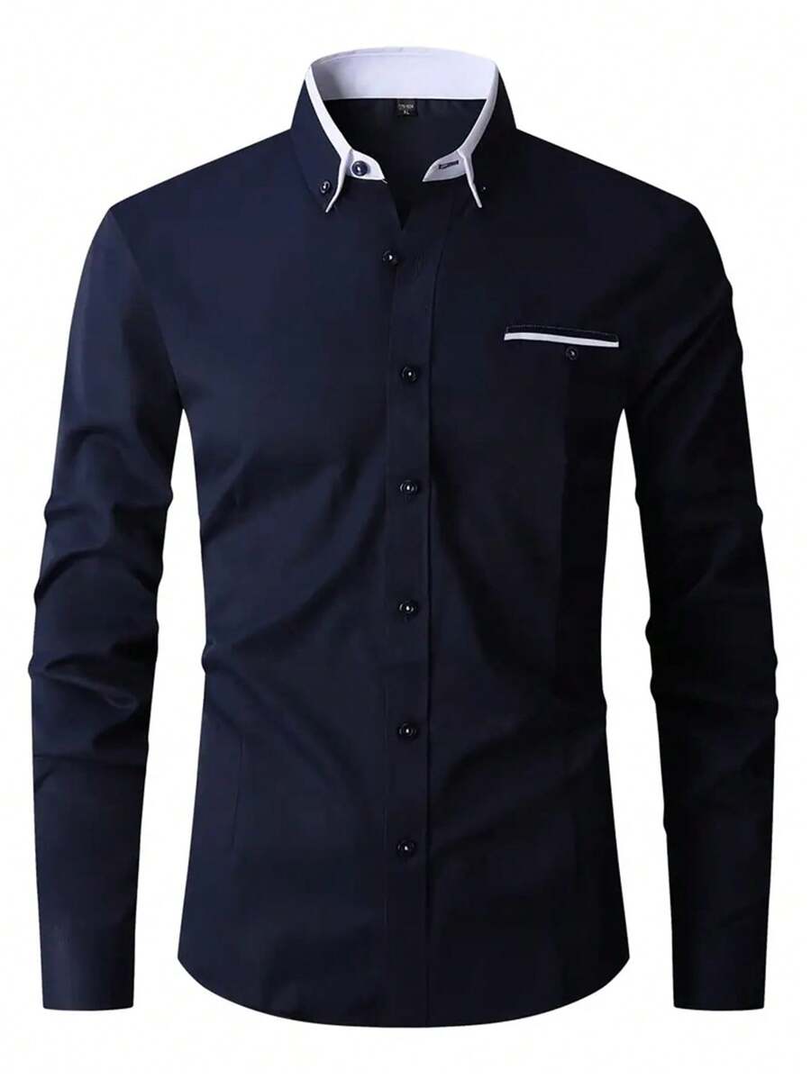 Men Contrast Trim Button Up Shirt - Navy Blue - View 1