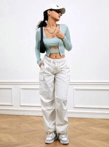 SHEIN Sports Women's Hollow Out Cropped Long Sleeve T-Shirt - Grey - View 3