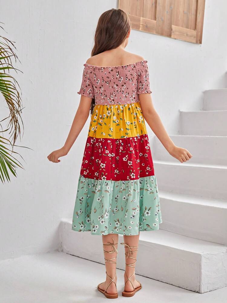 Tween Girls' Woven Ruffle Off-Shoulder Casual Dress With Floral Print And Colorblock Design