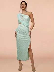 Pearls Beaded One Shoulder Cut Out Split Thigh Sequin Dress Elegant Long Sleeve Cocktail Semi Formal Prom Wedding Guest Dress, For Birthday, Graduation, Dinner, Homecoming - Mint Blue - View 1