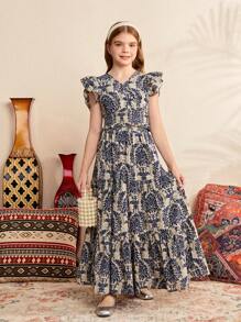 SHEIN 中小學女生的可愛飄逸袖口上衣搭配層疊式緞面花朵印花裙套裝 - 藍色 - 查看 4