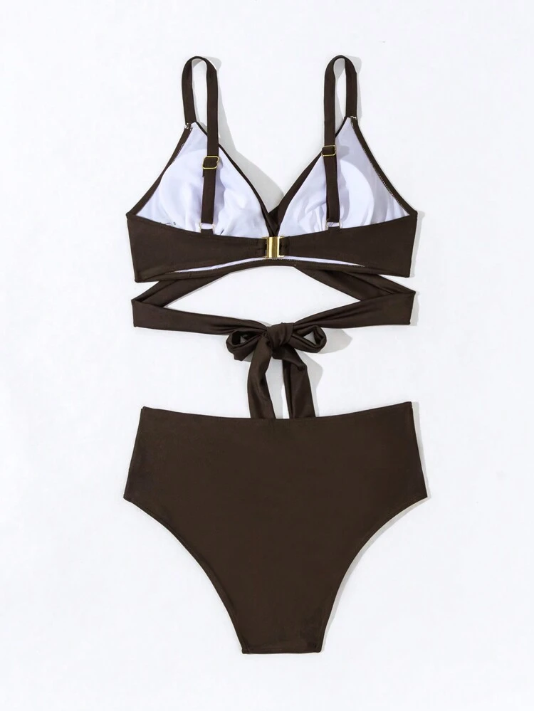 Ladies' Solid Color Cross Strap Bikini Set Bathing Suit For Summer Beach