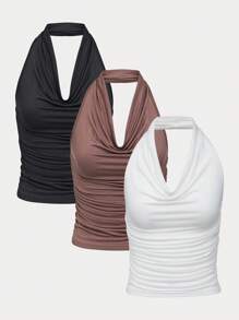 SHEIN Unity Quý cô Màu thuần Xếp li Halter Neck Áo - Nhiều màu - Xem 1