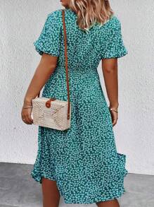 SHEIN LUNE 大尺碼v領釦前連衣裙 - 綠色 - 查看 2