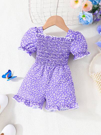 嬰幼女童度假短袖小花卉連體褲，帶荷葉邊