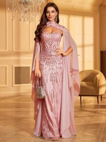 女士亮片蝙蝠袖鸡尾酒会礼服 - 粉色 - 查看 1