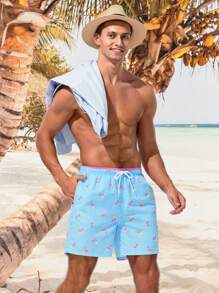 Manfinity Men'S Flamingo Printed Drawstring Beach Shorts - Blue - View 5
