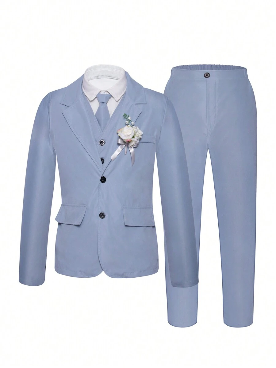 Bleu Marine Rayé 5 Pièces Costume Garçon Mariage 2022 Manches Courtes Bijoux De Corps Pantalon Chemise Cravate Gilet
