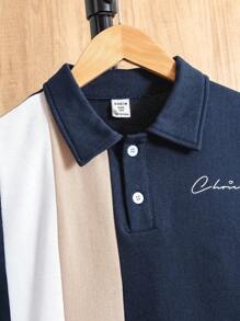 SHEIN 2pcs Tween Boys' Sporty Short Sleeve Polo Shirt And Shorts Set, With Letter Print And Contrast Colors, School, Campus, College - Royal Blue - View 6