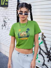 SHEIN Sports Camel Letter Printed Cropped Sports T-Shirt