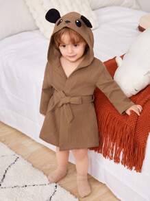 SHEIN 嬰兒男女加入卡通動物圖案3d耳部設計連帽浴袍,前扣綁帶 - 卡其色 - 查看 1