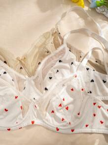 Plus 3pcs Heart Print Underwire Bra, Kawaii