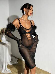 SHEIN ICON Fuzzy Trim See-Through Mesh Dress () - Black - View 6