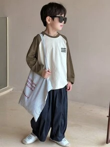 早春/夏季時尚男童字母刺繡彩色拼接寬鬆套頭襯衫，設圓肩袖 - 杏色 - 查看 3